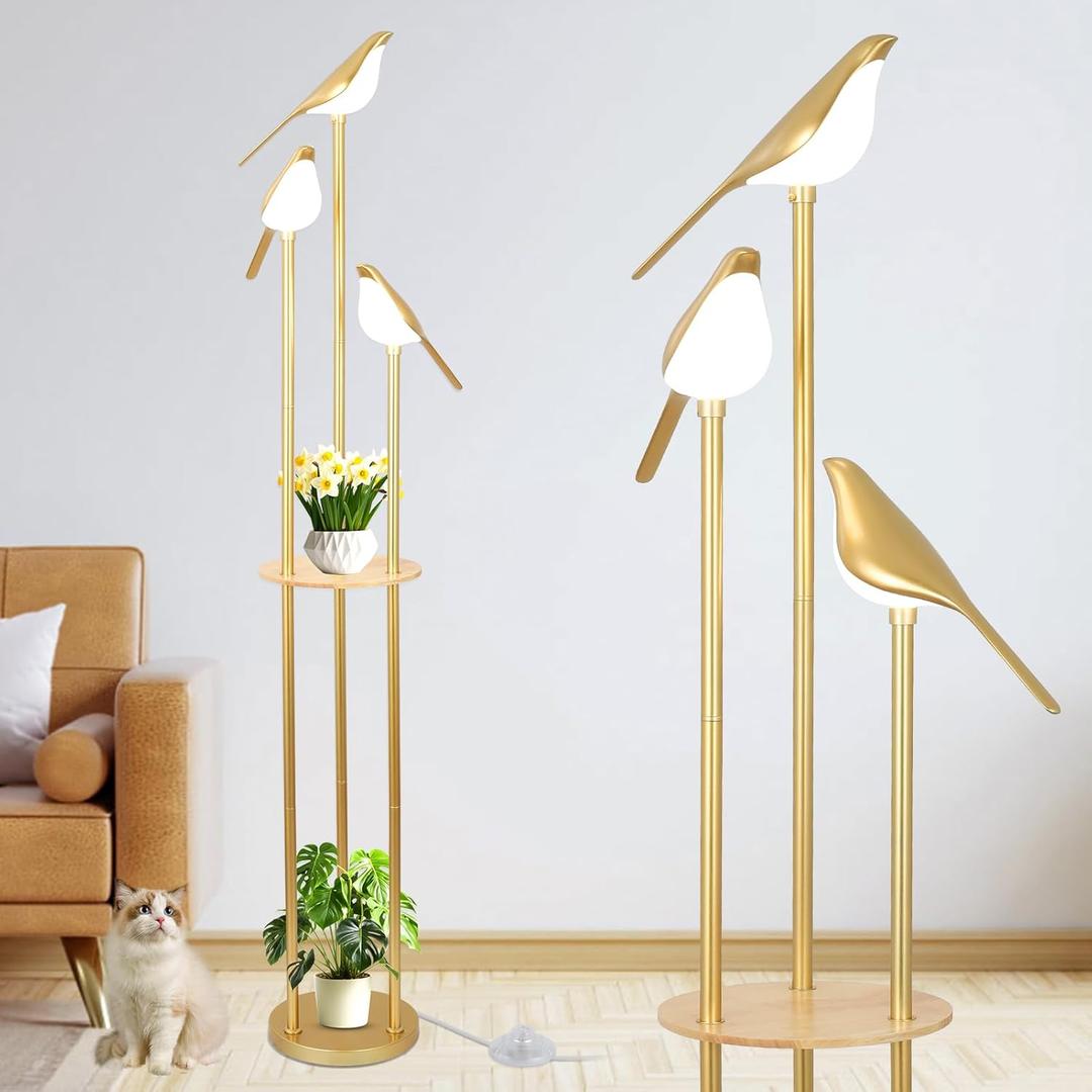 Gold Floor Lamp for Living Room With Shelves - Modern Mid Century Standing Light With 3 Adjustable LED Bird Lights, Corner Tall Lamp With Table, Brass Stand for Bedroom Kids Room