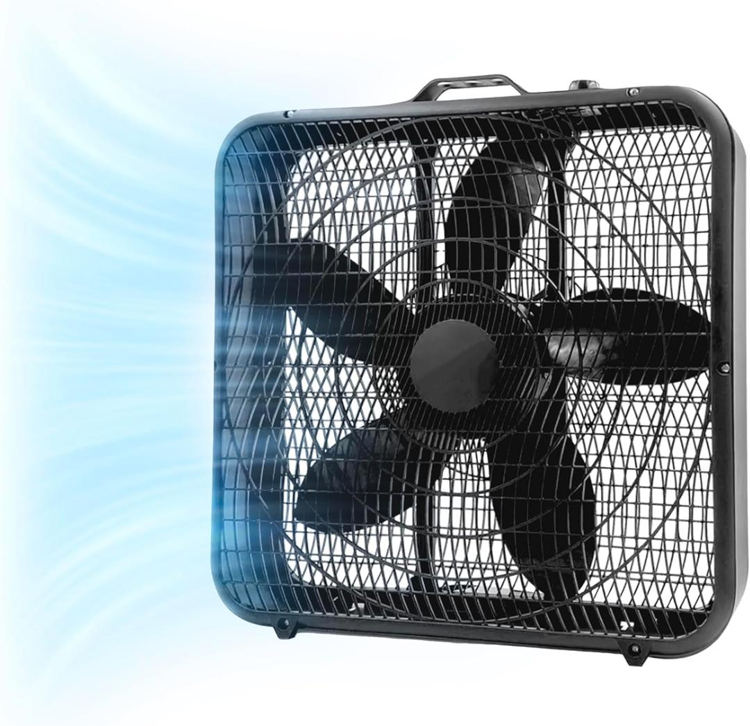 Comfort Zone Box Fan with Carry Handle, 20 inch, 3 Speed Full-Force Air Circulation with Air Conditioner, Floor Fan, Bedroom Fan, Airflow 15.03 ft/sec, Ideal for Home, Bedroom & Office, CZ200ABK (Black)