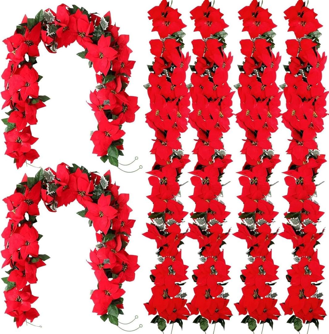 Crowye 20 Pcs Christmas Poinsettia Garland with Holly Leaves Artificial Poinsettia Flower Vines Xmas Rattan Ornament for Mantle Fireplace Table Indoor Outdoor Garland Christmas Decor