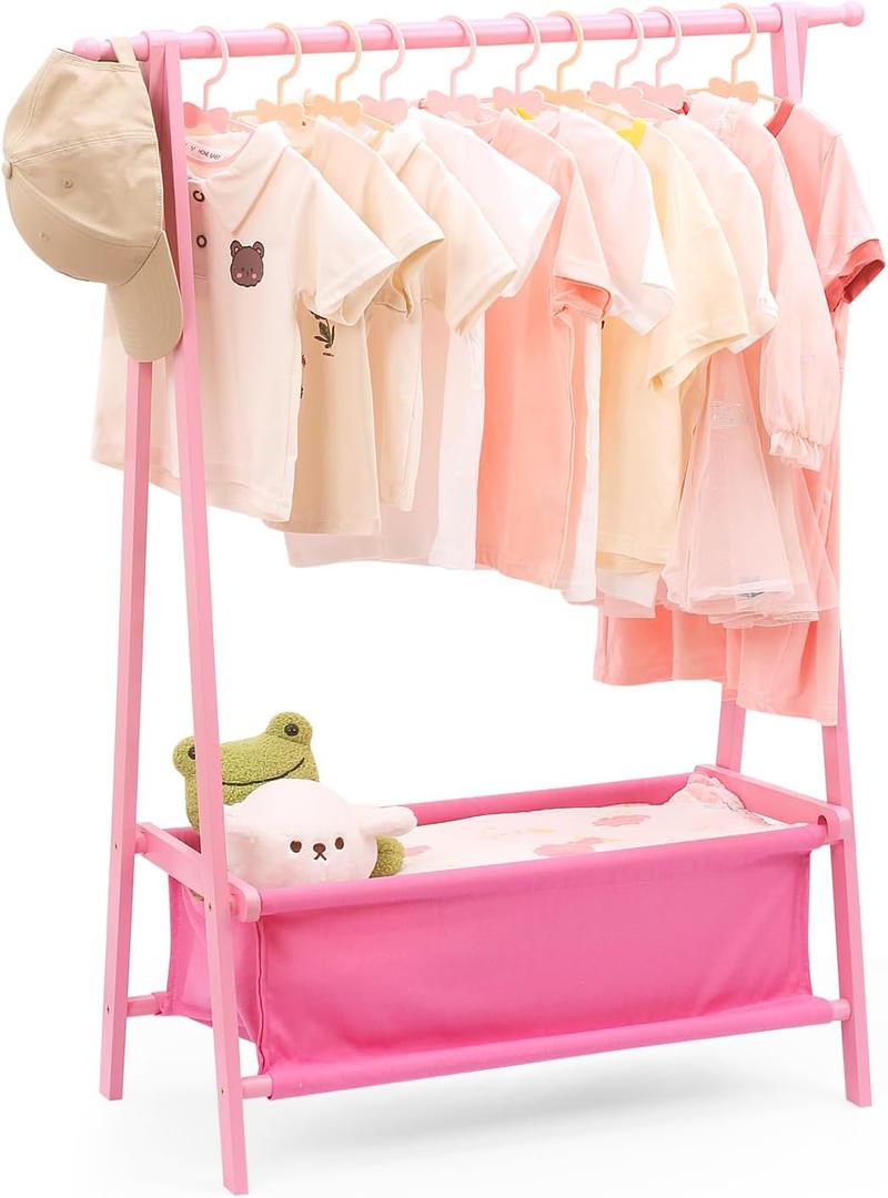 Kids Clothing Rack with Storage, Dress Up Rack, Child Clothes, Small Garment, for Costume, Bamboo (Pink)