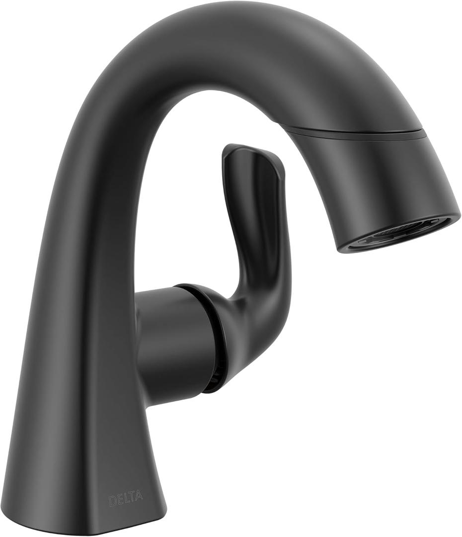Delta Arvo 1 Hole Matte Black Bathroom Faucet with Sprayer, Single Hole Bathroom Sink Faucet with Pull Out Sprayer for Vanity, Push-Pop Drain, Matte Black 15840LF-BLPD