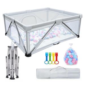 Grey Foldable Baby Playpen, Large Play Yard, Portable Playpen for Babies and Toddlers, Safe and Sturdy with Non-Slip Silicone Feet, Mesh Fabric, Unisex (47*63 Inch)