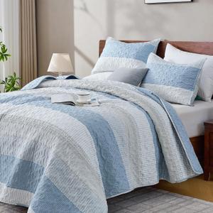 Andency King Size Quilt Set Misty Blue, 3 Pieces Summer Ultra Soft Lightweight Bedspreads & Coverlets Set, Patchwork Striped Quilted Bedding Sets for All Seasons (1 Quilt, 2 Pillow Shams)