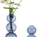 Glass Bubble Vases for Flowers, Hewory 2pcs Light Blue Unique Cute Single Flower Vase for Centerpieces, Funky Aesthetic Vase Skinny Bud Vase, Cool Groovy Decor for Living Room Bedroom Office Tabletop