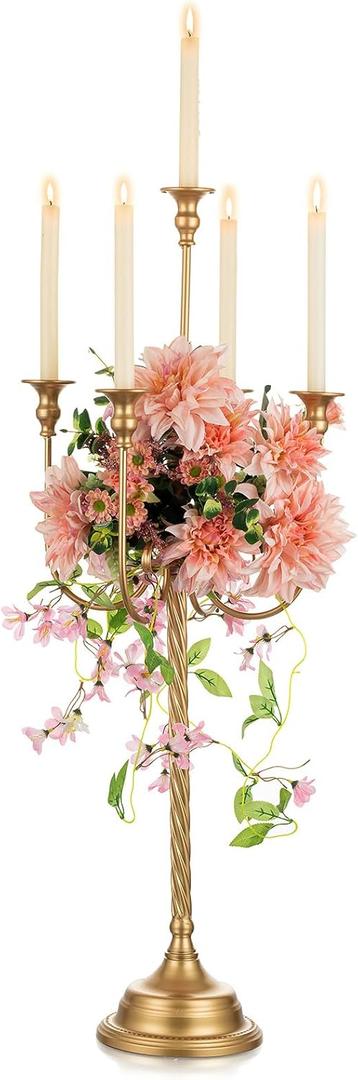 NUPTIO Gold Candelabra Candle Holders: 37 inch Tall 5 Arm Floor Standing Candlestick Holders Wedding Centerpieces for Tables Vintage Candle Stick Holder for Party Mantel Dining Center Pieces Decor