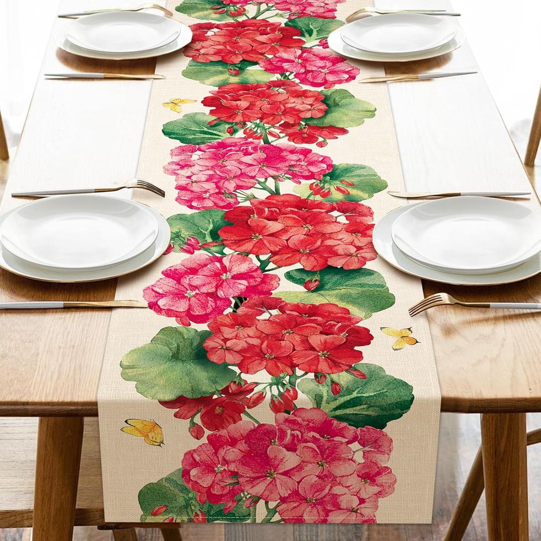 Spring Summer Geranium Flower Table Runner, Red Floral Butterfly Kitchen Dining Table Decoration, Seasonal Burlap Indoor Outdoor Home Decor Party Supply 13 x 90 Inches