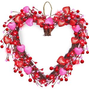 TURNMEON 16" Heart Shaped Lighted Valentines Wreath with 20 Red Lights, Pink & Red Hearts, Adjustable Branch, Indoor/Outdoor Use