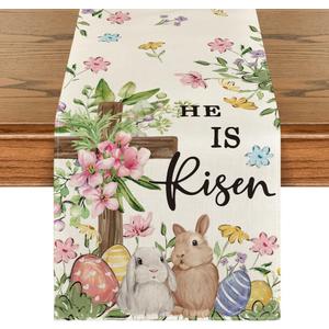 Artoid Mode Bunny Rabbits Eggs He is Risen Easter Table Runner, Seasonal Spring Kitchen Dining Table Decoration for Home Party Decor 13x120 Inch