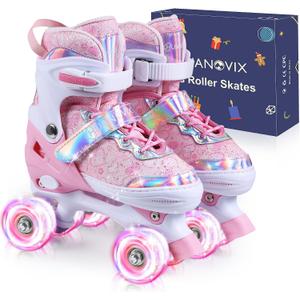 4 Sizes Adjustable Kids Roller Skates for Girls Boys Toddlers Youth Teens, 4Wheel Quad Skates with All Light Up Wheels, for Indoor Outdoor Sports (L(US 3-6/8.5-10.5 IN), Pink)