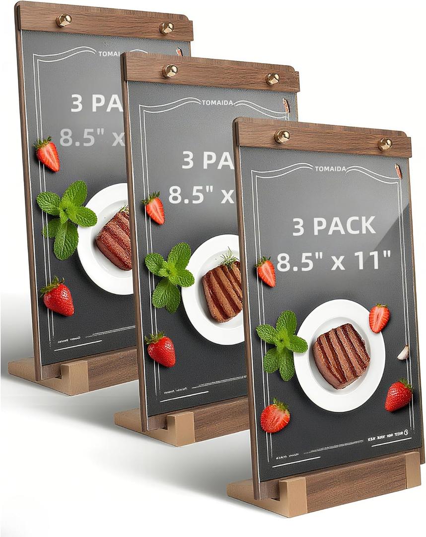 3 Pack 8.5"x11" Acrylic Sign Holder A4 with Wood-Color Base - Table Top Display Stand for Menus, Signs, Flyers, Perfect for Restaurants, Retail Stores, Conferences, Weddings, Offices