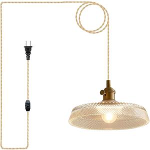 Plug in Pendant Light,9.1 Inch Glass Lampshade 14Ft Hanging Lights with Plug in Cord On/Off Switches Industrial Pendant Lights with Plug in Cord for Bedroom