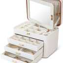KAMIER Jewelry Boxes for Women, 4 Layer Jewelry Organizer with Mirror, 3 Drawers, Jewelry Storage Box, Christmas Gift, for Earring, Necklace, Bracelet, Ring, White
