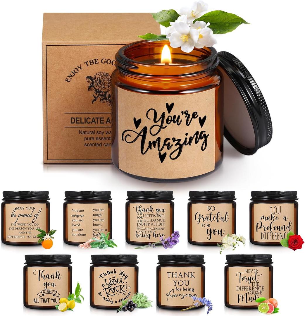 Roowest 10 Jars Candles 3.5 oz Employee Appreciation Gifts Bulk Soy Wax Jar Inspirational Candle Thank You Gift for Coworkers Women Social Worker Volunteer Teacher Nurse(Amber,Pretty,Lovely)