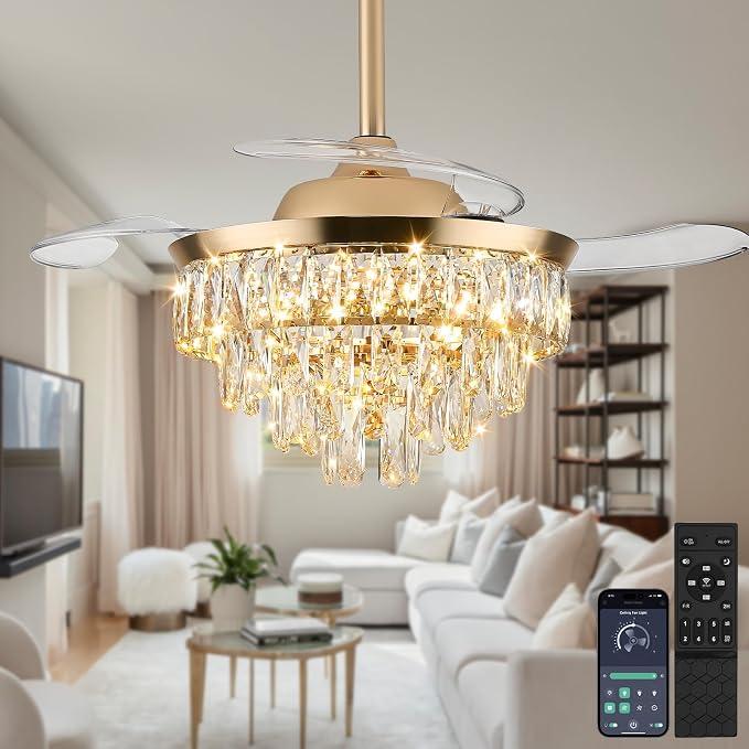 36" Crystal Ceiling Fan with Light, Retractable Fandelier with Remote/App
Dimmable LED 3 Colors,Quiet DC Motor,6 Speed,Timer,Memory,for Bedroom Living Room Dining Room,Gold