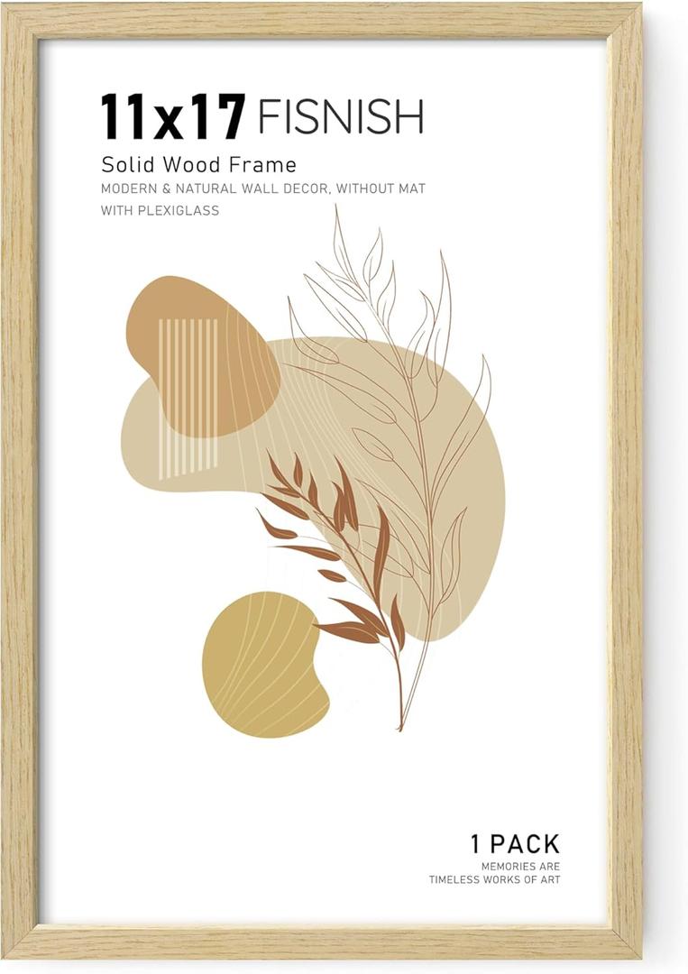 11x17 Picture Frame, Natural Solid Wooden Picture Frames, Display 11x17 Photos without Mat, Horizontal or Vertical Wall Mounting, Oak Wood Grain, 1 Pack