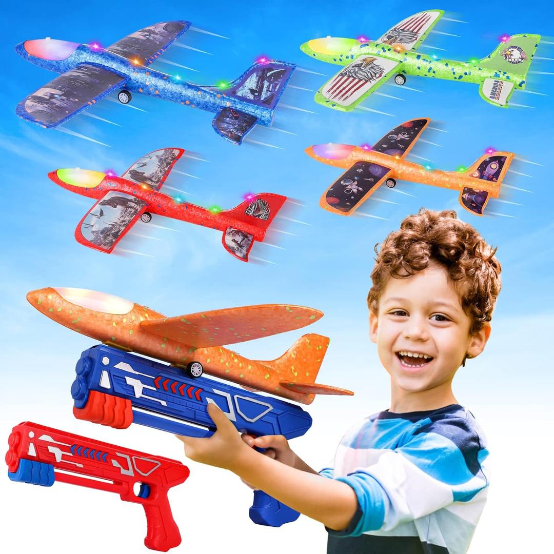 Fuwidvia 4 Pack Airplane Launcher Toys, 2 Flight Modes LED Foam Plane Toy for Boys, Outdoor Flying Toys Birthday Gifts for Boys Girl 4 5 6 7 8 9 10 11 12 Year Old (Red&green&orange&blue)