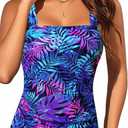 Yonique Tankini Tops for Women Swimwear Top Only Tummy Control Swim Top Modest Tank Top Bathing Suits No Bottom (XX-Large, Blue Leaves)