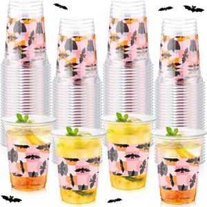 100 Pcs Gothic Christmas Plastic Cups Bulk 16 oz Disposable Pink Bat Spooky Party Christmas Cups for Creepy Nightmare Party Supplies Cold Drinks