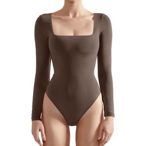 SUUKSESS Women Square Neck Long Sleeve Bodysuit Sexy Thong Bodysuit Shirts (Medium, 01 Brown)