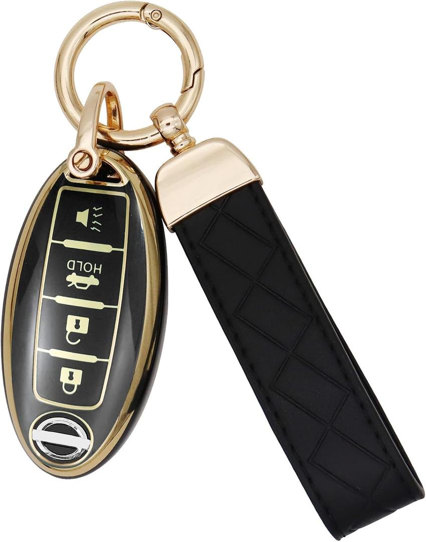 SUNCARACCL for Nissan Key Fob Cover with Leather Keychain, Soft TPU Full Cover Protection Key Case for Altima Maxima Rogue Armada Pathfinder Smart Key(Black)