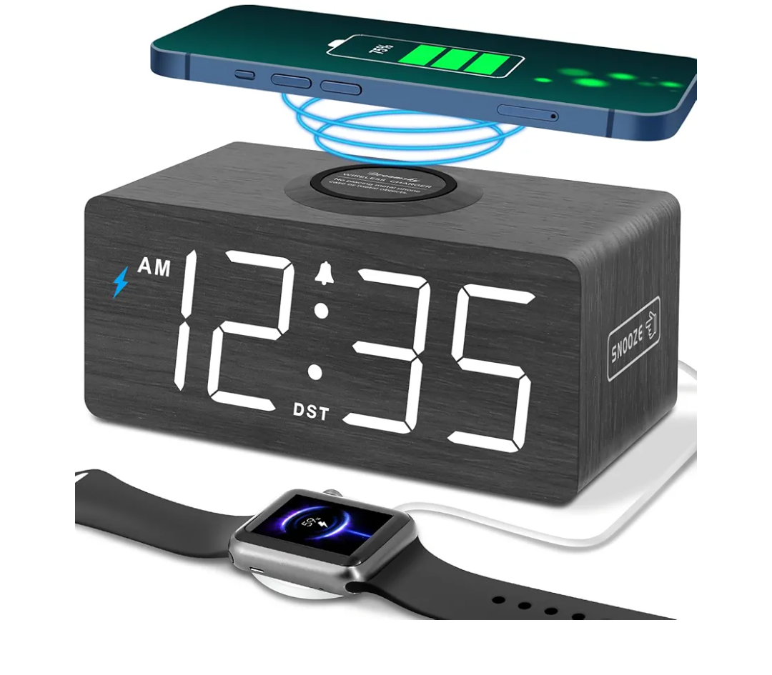 DreamSky Wooden Digital Alarm Clock with Wireless Charging for Bedroom, Bedside Nightstand Clock with Charger Station, USB Port, Large Numbers, Adjustable Volume, Brightness Dimmer, DST
