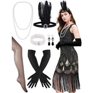 PLULON 1920s Dresses for Women, Sequin Fringed Gatsby Flapper Cocktail Dresses with 20s Accessories Set, Roaring 20s Costumes, Black and Gold, L