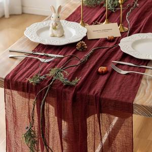 Keketoarrange Burgundy Table Runner Red Table Runner Cheesecloth Gauze 120 Inch 10 FT Rustic Boho Cheese Cloth Runner for Wedding Baby Bridal Shower Party Long Sheer Spring Home Decorations