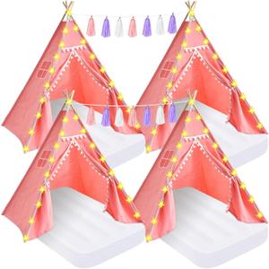 PLULON 4 Pack Teepee Tent for Kids Slumber Party Tents for Girls Sleepover Tents with Inflatable Airbed and Tent Decorations Play Tent for Birthday Party Indoor Outdoor, for Kids