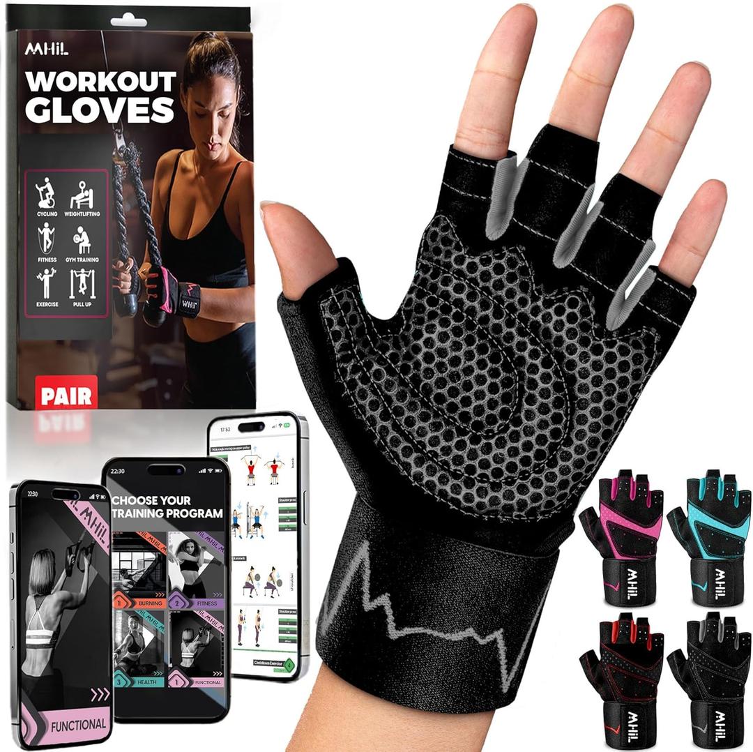 MhIL Workout Gloves for Women  Breathable Gym Gloves for Women with Palm Protection and Enhanced Grip  Padded Weight Lifting Glove for Womens with Wrist Wraps Support Weightlifting Exercise Cycling (Large: 8.1  8.6 / 20.6  22 cm, Black and Grey)