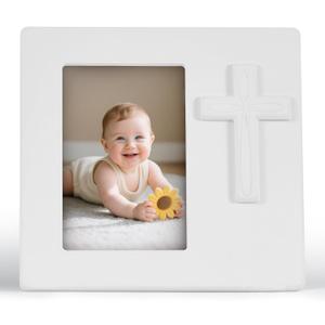 Baptism Picture Frame, First Communion Frame for Girls, Baptismal Gift For Boys, White Wooden Cross Design Religious Photo Frame Baby Christening Gifts 3.5" X 5"