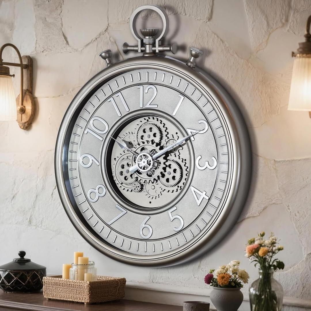 AYRELY 24IN Decorative Moving Gear Large Wall Clock, Oversized Industrial Steampunk Gears, Big Numerals Wall Clock for Modern Living Room Decor (Silver)