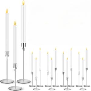 FillTouch 15 Pcs Silver Candlestick Holders with Flameless LED Candles Bulk, Silver Holders, White Candles 