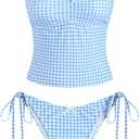 ZAFUL 2026 Tankini Swimsuits for Women Mesh Hollow-Out Tank Style Bow Knotted Decor Tie Side High Cut Tankini Set (Blue, L)
