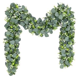 Waipfaru Eucalyptus Garland, 5.9FT Greenery Garland, Green Garland with Flowers, Artificial Faux Silver Dollar Eucalyptus Leaves Vines for Table Home Wedding Mantle Party Indoor Outdoor Decor