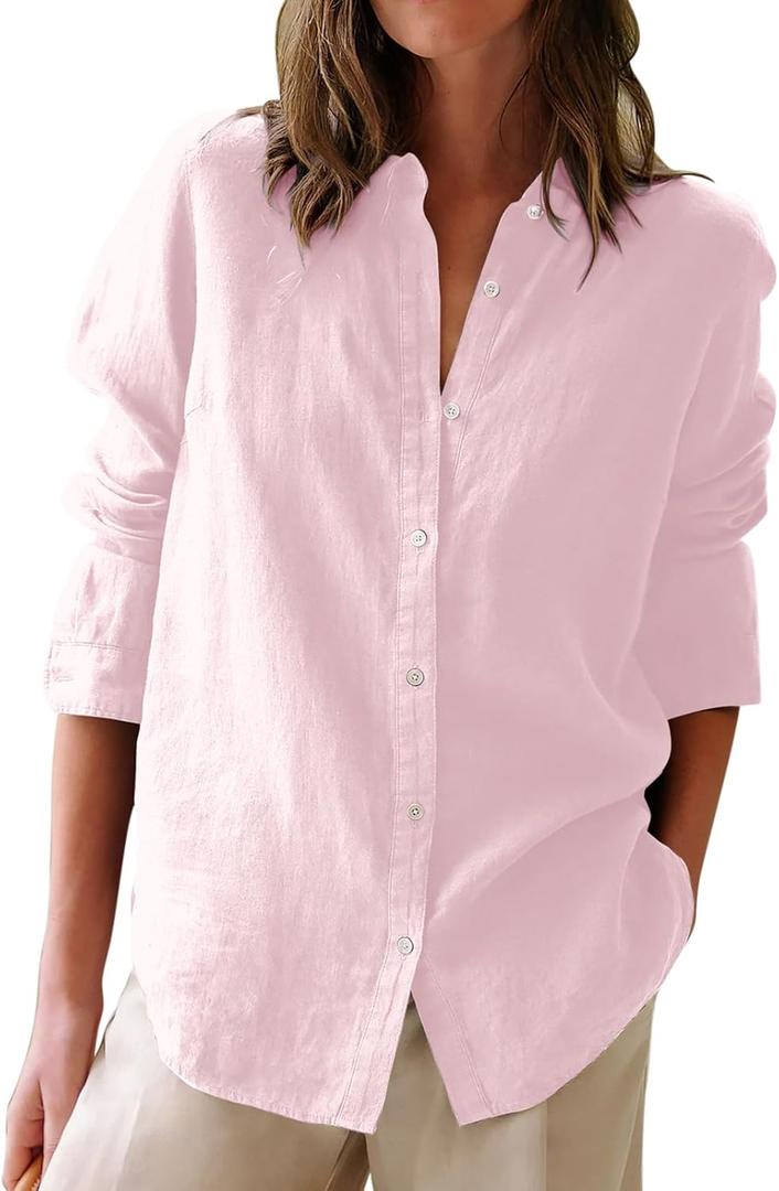 Button Down Shirts for Women Cotton Oxford Shirts Long Sleeve Dress Shirts Collared Blouses Work Casual Solid Tunic Tops (Pink, XL)