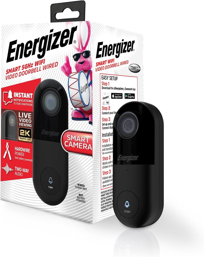 Energizer Smart 5GHz 2K Doorbell, Wired Video Doorbell Security Camera, 2-Way Audio, Night Vision, Cloud & Micro SD Storage, Remote Access, Instant Motion Sensor, Live Viewing, Requires Existing Wires