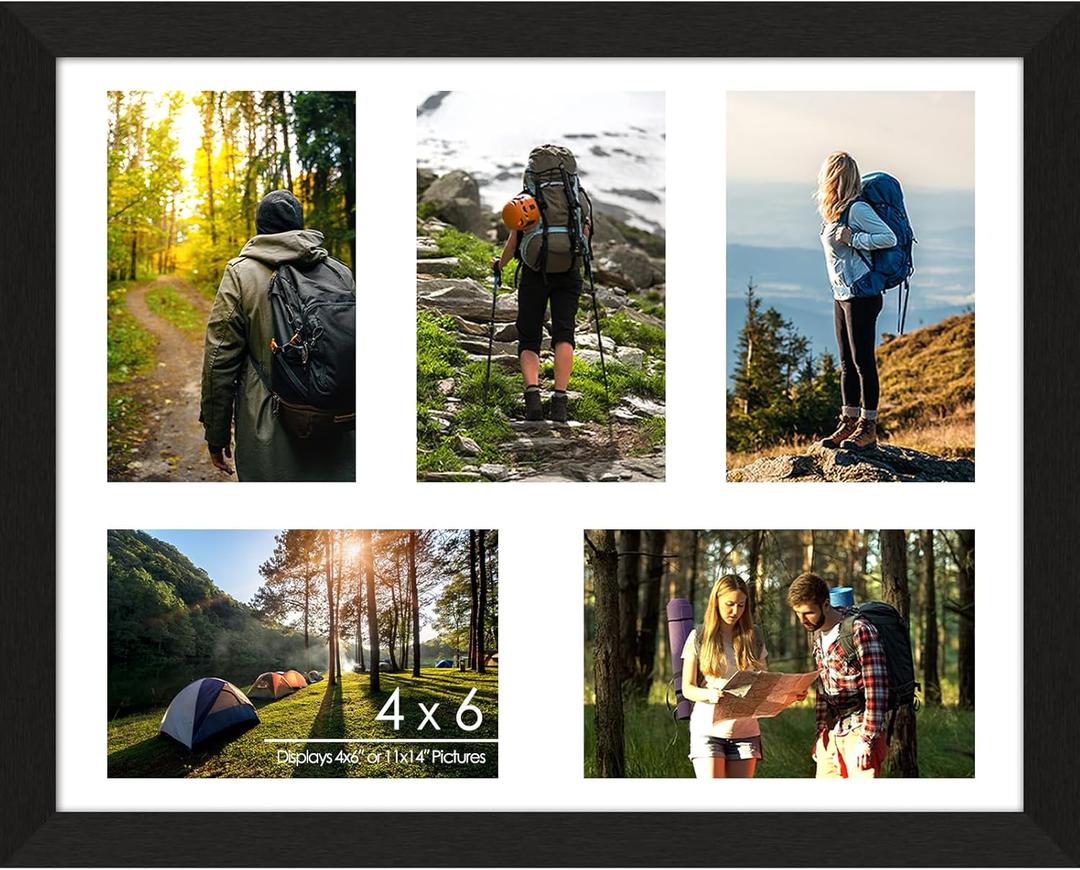 4"x6" Wood Photo Collage Frame 5 Openings, 11"x14" Multi Picture Frame Collage Wall Decor, Brushed Black Frame with White Mat, Solid Pine Wood