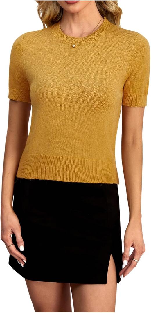 Women's Short Sleeve Sweater Crew Neck Knit Tops Dressy Casual Shirts (Beige, XL)