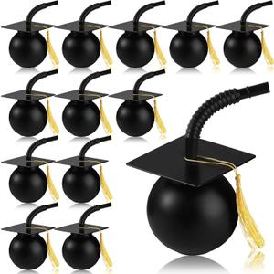 Gerrii 12 Set Graduation Party Cups Plastic Graduation Cap Cup with Tassel,10 oz Congrats Grad Tumbler with Straw and Lid, Reusable Grad Party Supplies Favors(Black)