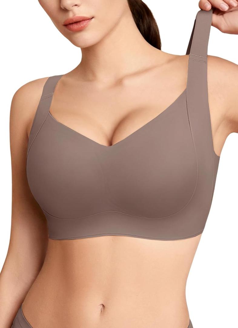 REALWILL Women Everyday Comfortable Wireless Bra Supportive Push Up Minimizer Bras Full Coverage Soft Seamless Tshirt Bras (Medium, Coffee)