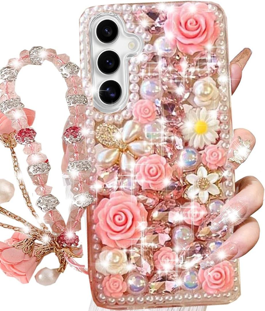For Samsung Galaxy S25 Glitter Bling Case, Cute Luxury 3D Sparkle Crystal Rhinestones Flowers Diamond Pearl Stunning Stones with Lanyard Wrist Strap Women Girls Case for Galaxy S25 6.2", Pink