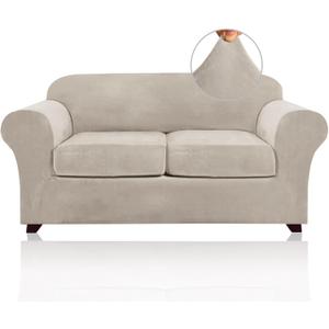 PrinceDeco Velvet Couch Cover Loveseat Covers for 2 Cushion Couch 3 Piece Sofa Covers for Dogs Washable Loveseat Covers Width Up to 72 Inch No Slip Stretch Sofa Slipcover(Medium, French Oak)