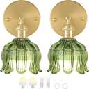 Wireless Wall Sconce with Flower lampshade, Battery Operated Wall Lights,Wall lamp with 15 Colors for Bedroom Living Room Home Decor (Green, 2 Light Battery Operated)