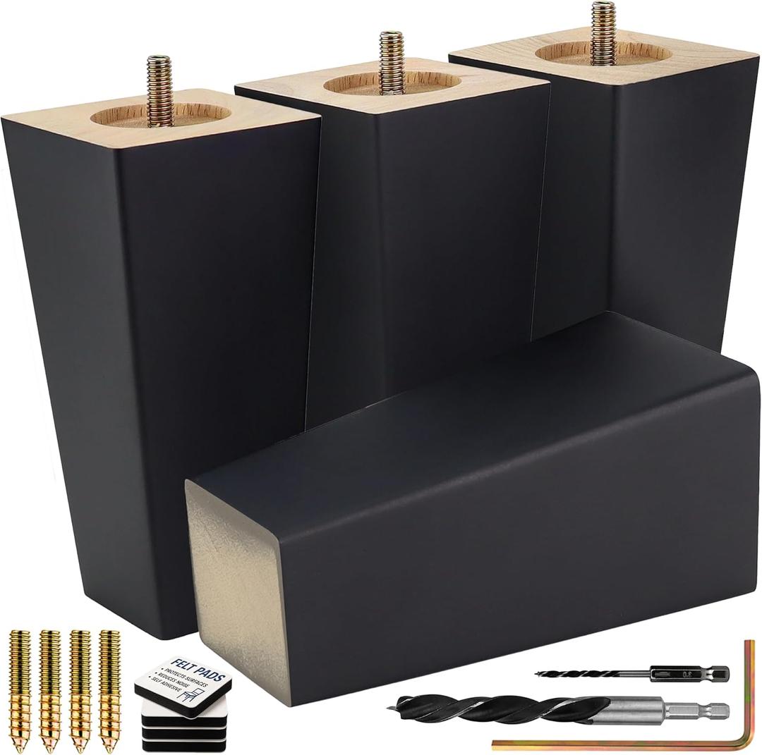 Airy Abode Premium Black Square Furniture Legs (Full Install Kit) - 4 Pack