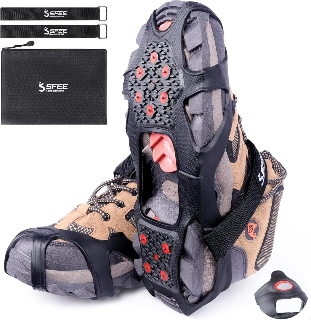 Sfee Crampons Ice Cleats, V3 Tungsten Ice Cleats for Shoes and Boots Crampons for Hiking Boots Ice Cleats for Women Men Kids Traction Cleats for Walking on Snow Ice Grips for Fishing, Walking, Running (L(Men:5-9/Women:6.5-10.5))