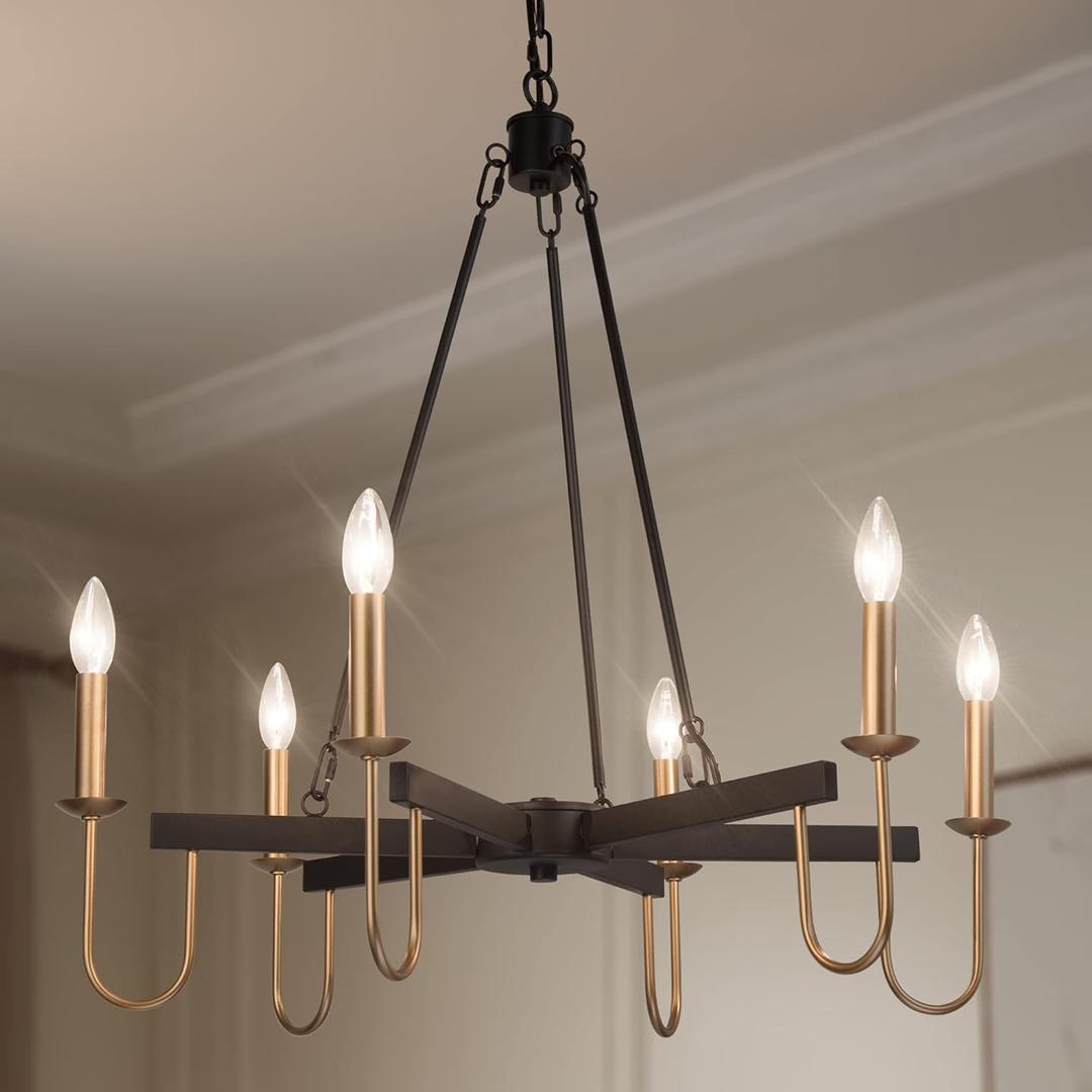 Durent Lighting Modern Chandelier, 28" Large Dining Room Chandelier Light Fixture, 6-Light Black and Gold Chandelier, Wagon Wheel Ceiling Lighting Fixture for Living Room, Bedroom, Kitchen