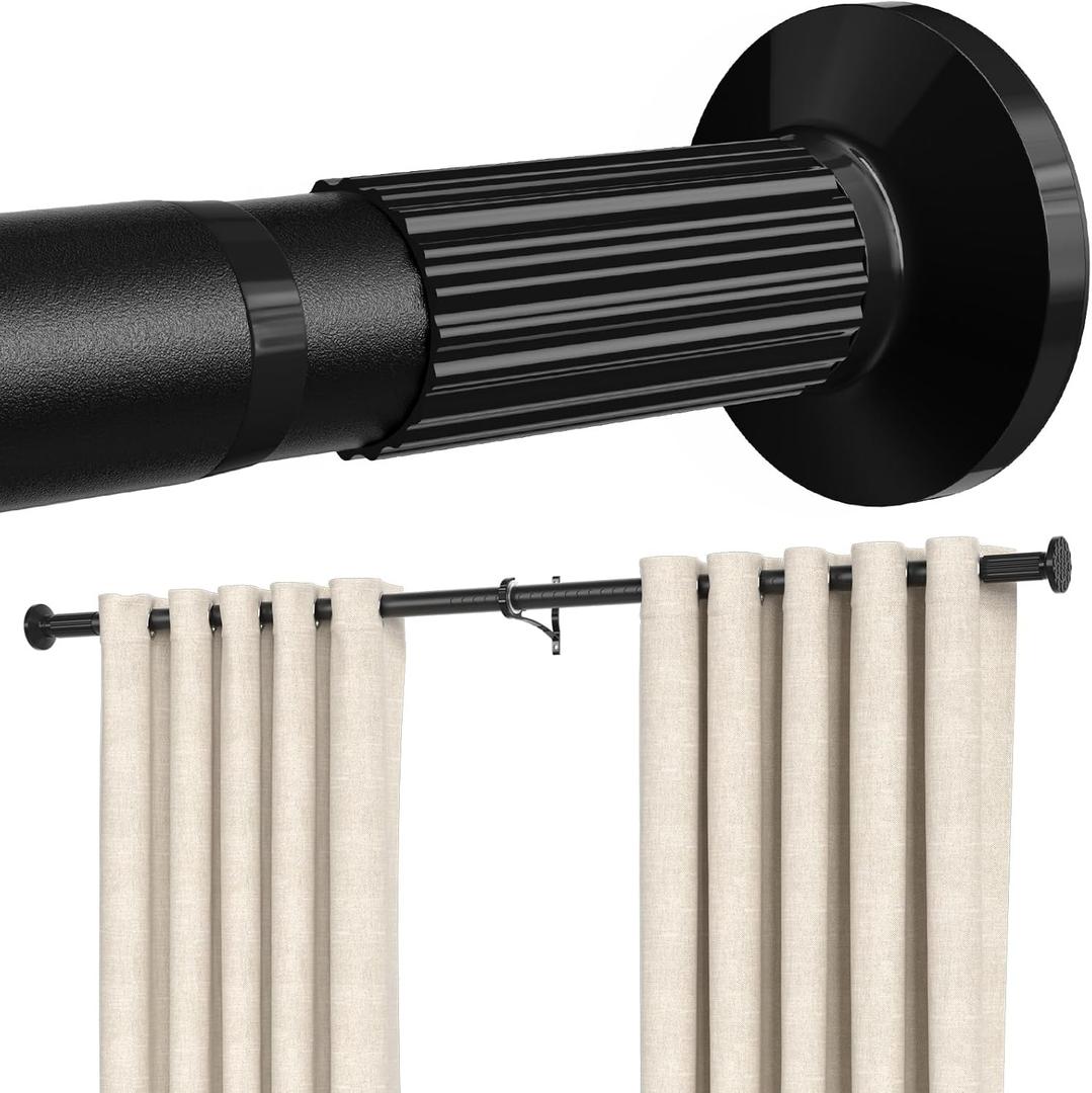 AIZESI Black Tension Curtain Rod 51-144In (4.25-12Ft), Extra Long No-Drill Adjustable Rod for Window Bathroom Shower Patio, Heavy Duty Spring Tension Rod, Never Rust Easy Install, 1.26In Diameter