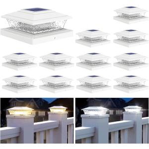 APONUO Solar Post Lights Outdoor, 2 Lighting Modes 16 LEDs Solar Post Cap Lights for 4x4 5x5 6x6 Vinyl Wooden Posts Waterproof Fence Post Lights Solar Powered for Deck/Fence/Porch (White,12 Pack)