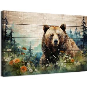Farmhouse Bear Wall Art Watercolor Forest Wildlife Wall Decor for Living Room Nursery Animal Canvas Picture Bedroom Rustic Botanical Wildflower Painting Rustic Artwork Bathroom Home Decorations 20x30"