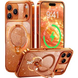 CASEKOO Swarovski Pearlescent Shimmer 360 Spin Magnetic Stand for Glossy iPhone 17 Pro Max Case for Women, Fit for MagSafe, 17FT Drop Protection, Design for 17 Pro Max Case, Diamond Orange Sparkle
